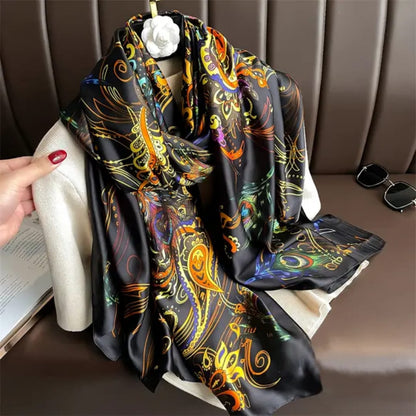 Luxurious Black Multicolor Peacock Print Silk Satin Scarf