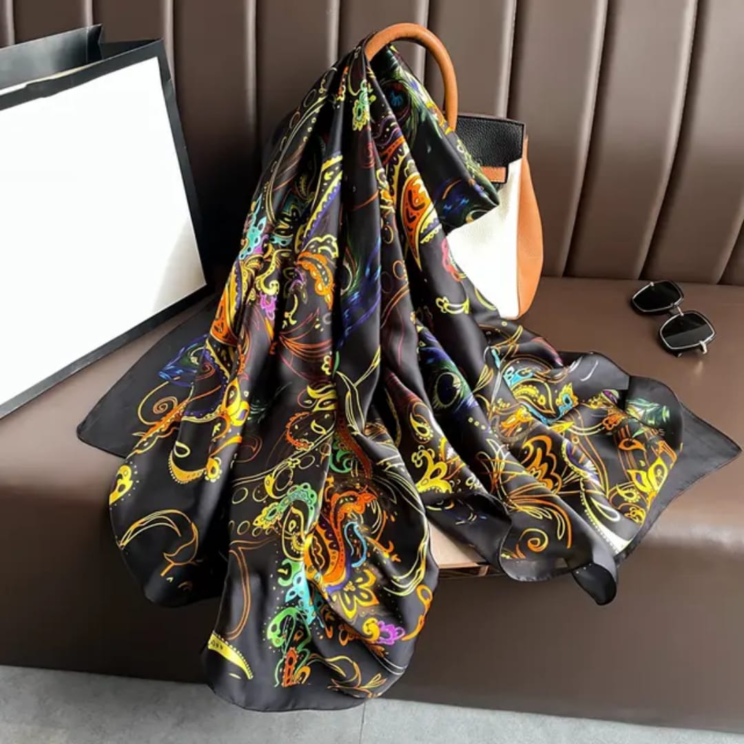 Luxurious Black Multicolor Peacock Print Silk Satin Scarf