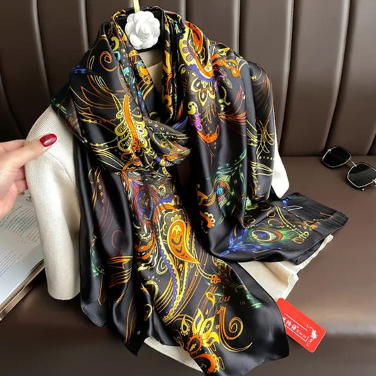 Luxurious Black Multicolor Peacock Print Silk Satin Scarf