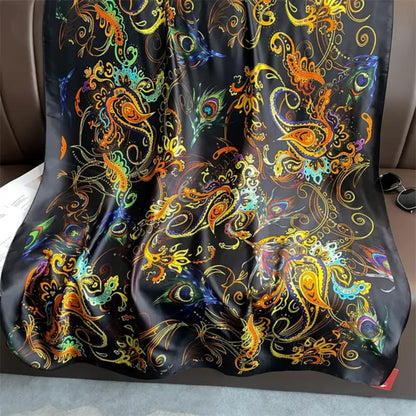 Luxurious Black Multicolor Peacock Print Silk Satin Scarf