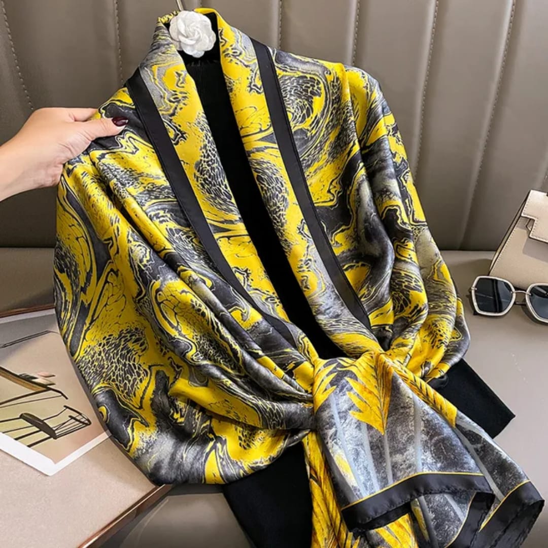 Elegant Yellow & Black Abstract Satin Silk Scarf