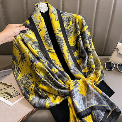 Elegant Yellow & Black Abstract Satin Silk Scarf
