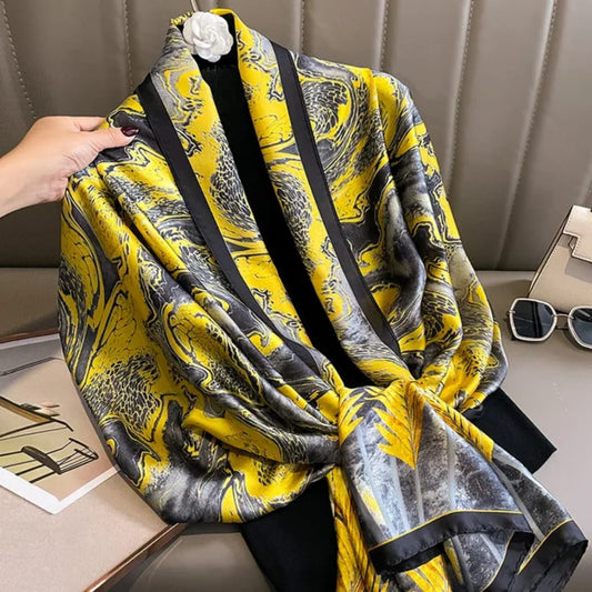 Elegant Yellow & Black Abstract Satin Silk Scarf