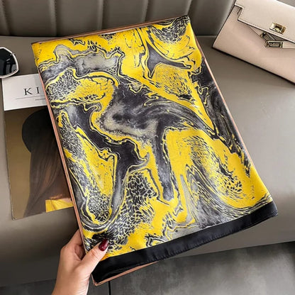 Elegant Yellow & Black Abstract Satin Silk Scarf