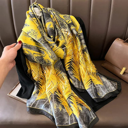 Elegant Yellow & Black Abstract Satin Silk Scarf