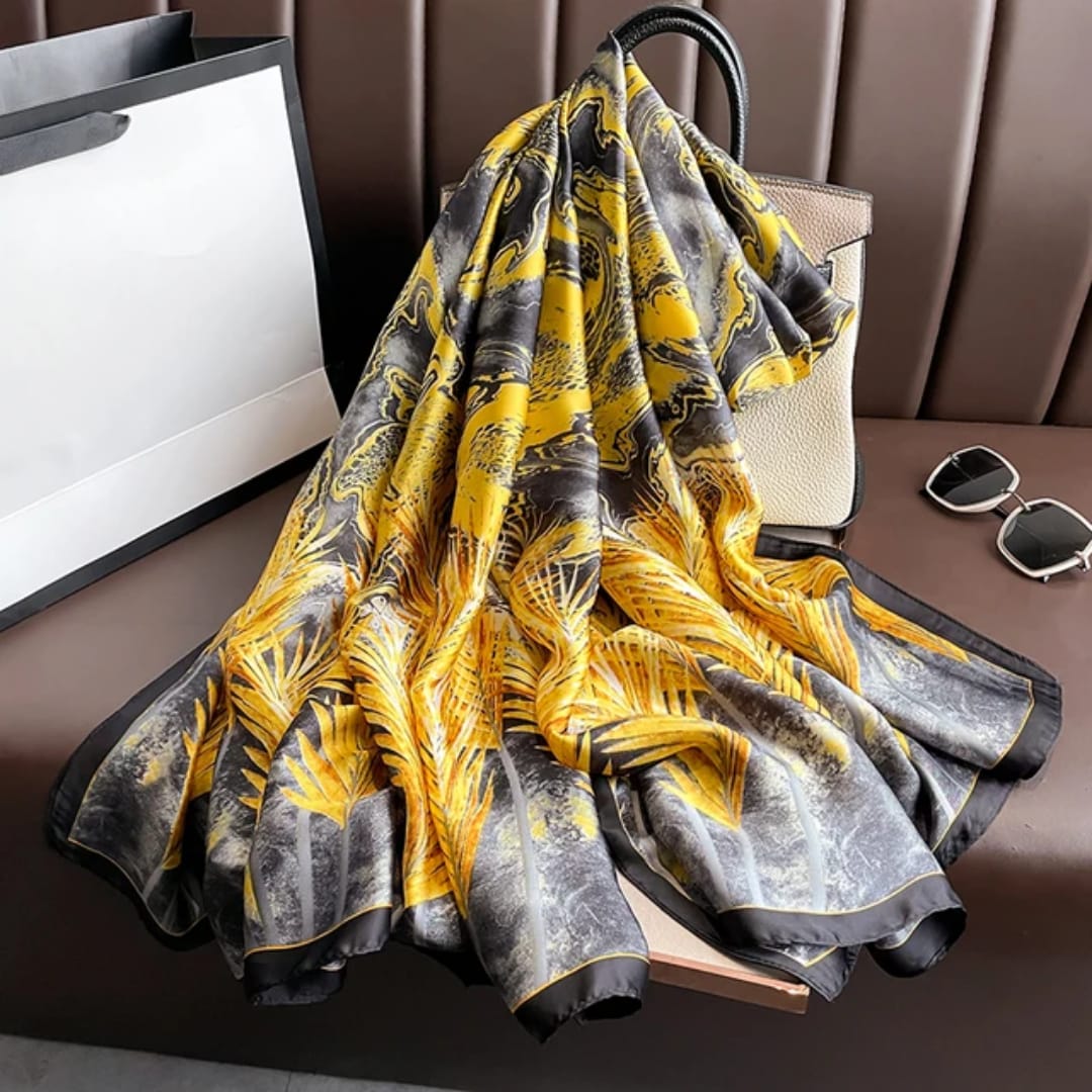 Elegant Yellow & Black Abstract Satin Silk Scarf