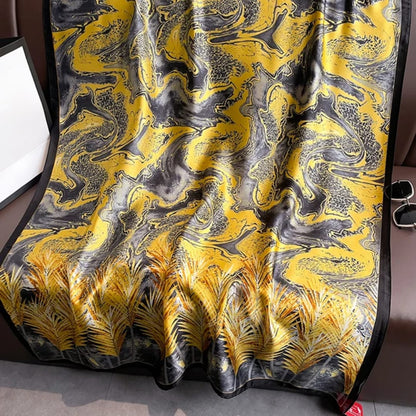 Elegant Yellow & Black Abstract Satin Silk Scarf