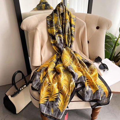 Elegant Yellow & Black Abstract Satin Silk Scarf