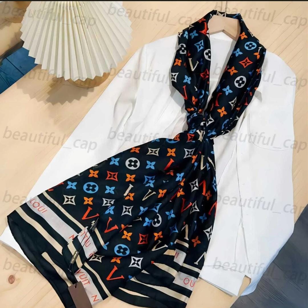 Elegant Black Multicolor Designer Satin Silk Scarf