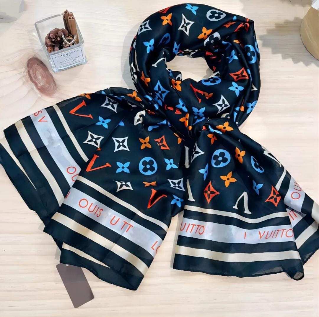 Elegant Black Multicolor Designer Satin Silk Scarf