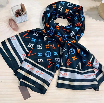 Elegant Black Multicolor Designer Satin Silk Scarf