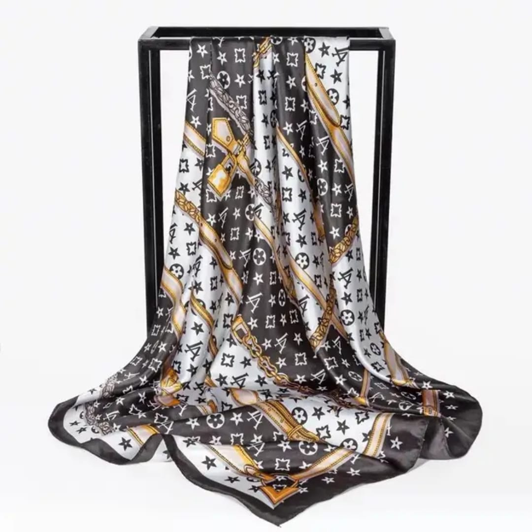 Luxe Black & White Gold Chain Print Silk Scarf