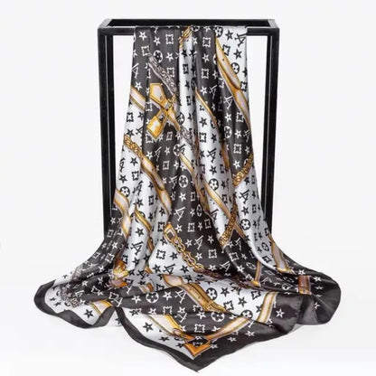 Luxe Black & White Gold Chain Print Silk Scarf