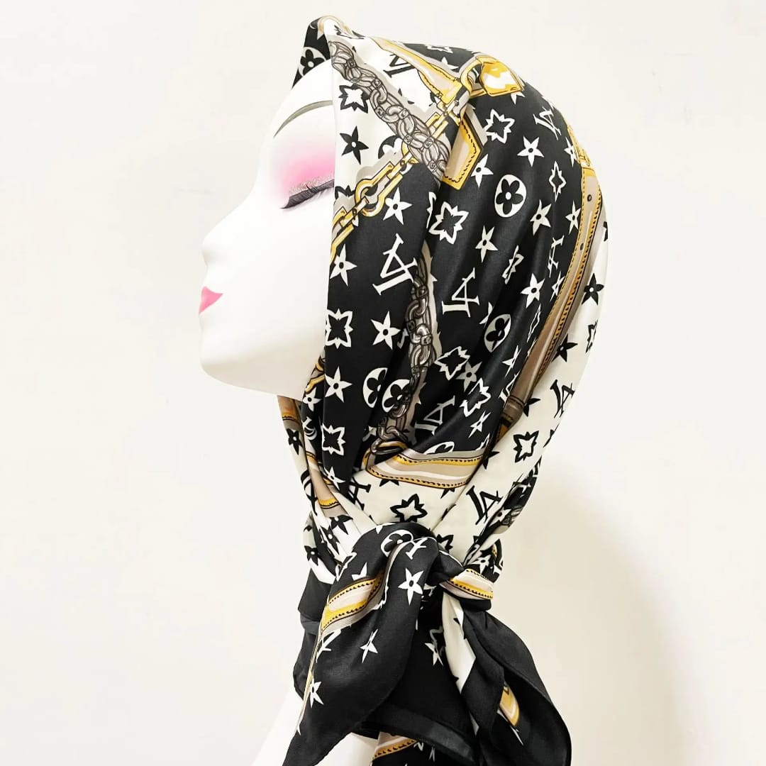 Luxe Black & White Gold Chain Print Silk Scarf