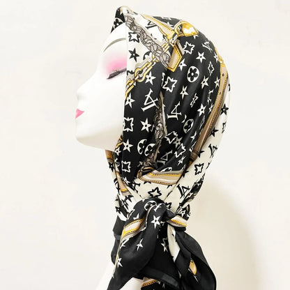 Luxe Black & White Gold Chain Print Silk Scarf