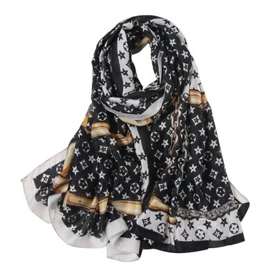 Luxe Black & White Gold Chain Print Silk Scarf
