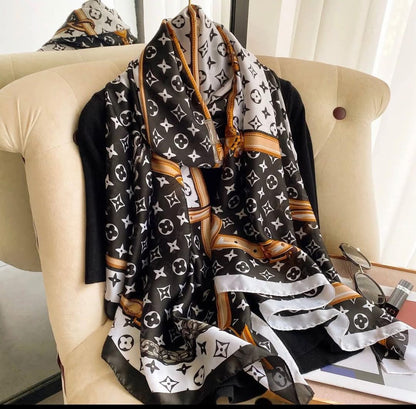 Luxe Black & White Gold Chain Print Silk Scarf