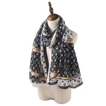 Luxe Black & White Gold Chain Print Silk Scarf