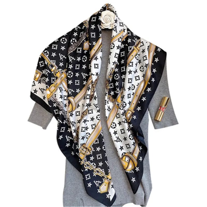 Luxe Black & White Gold Chain Print Silk Scarf