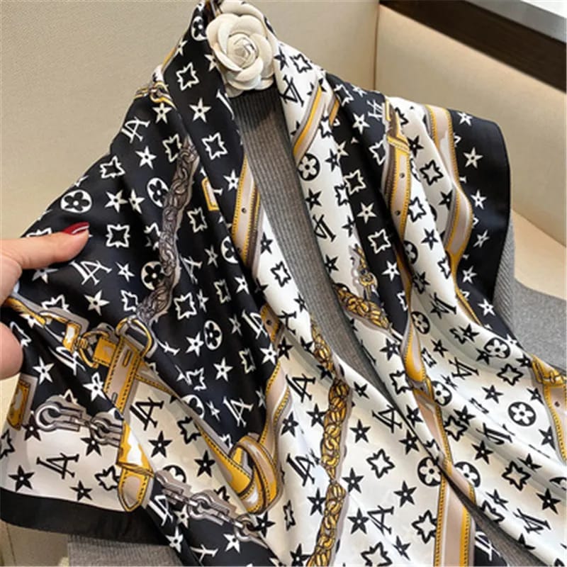 Luxe Black & White Gold Chain Print Silk Scarf