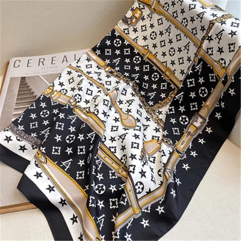 Luxe Black & White Gold Chain Print Silk Scarf