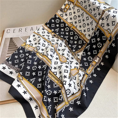 Luxe Black & White Gold Chain Print Silk Scarf