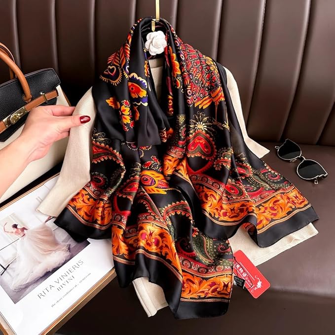 Luxury Paisley Print Satin Silk Scarf – Black & Orange