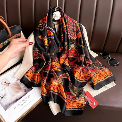 Luxury Paisley Print Satin Silk Scarf – Black & Orange