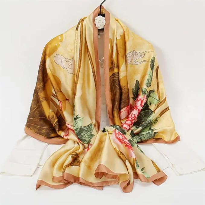 Luxury Floral Print Silk Satin Scarf – Golden Beige