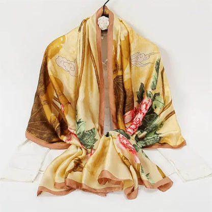 Luxury Floral Print Silk Satin Scarf – Golden Beige