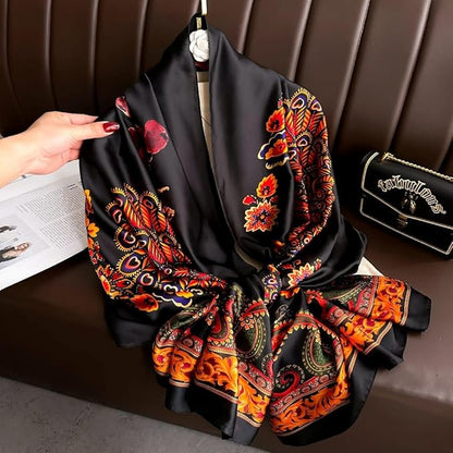 Luxury Paisley Print Satin Silk Scarf – Black & Orange