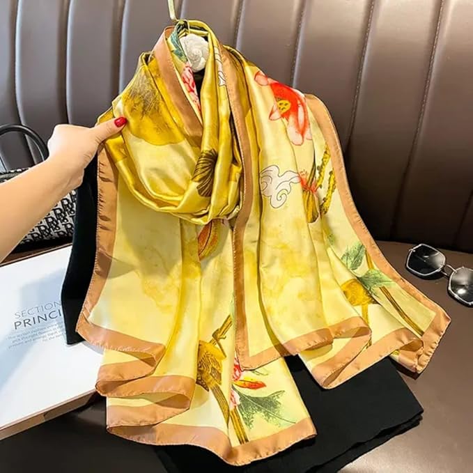 Luxury Floral Print Silk Satin Scarf – Golden Beige