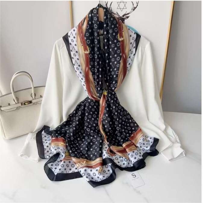 Luxury Geometric Print Satin Silk Scarf – Black & White