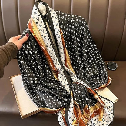 Luxury Geometric Print Satin Silk Scarf – Black & White