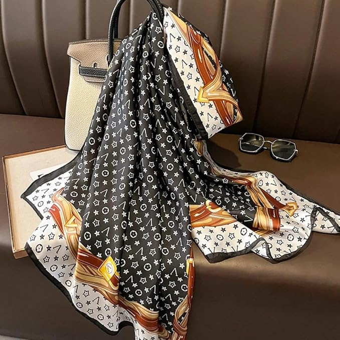 Luxury Geometric Print Satin Silk Scarf – Black & White