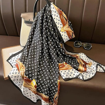 Luxury Geometric Print Satin Silk Scarf – Black & White