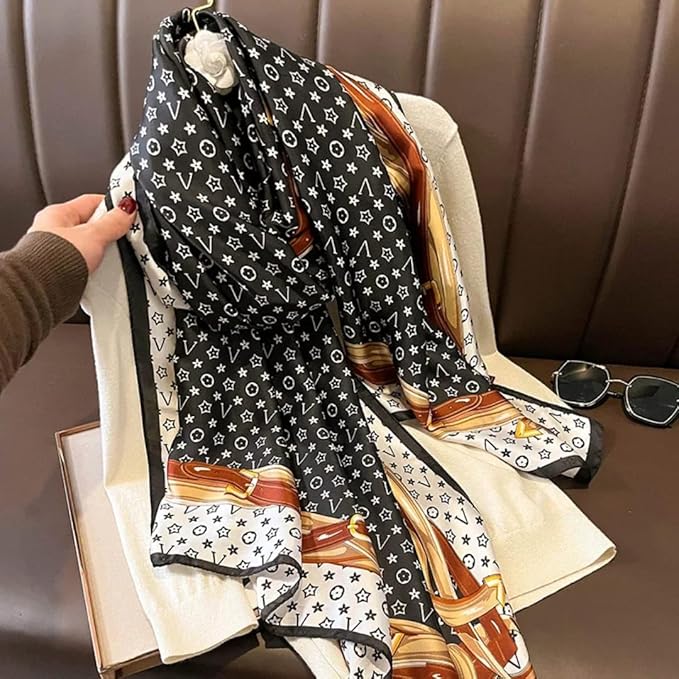 Luxury Geometric Print Satin Silk Scarf – Black & White