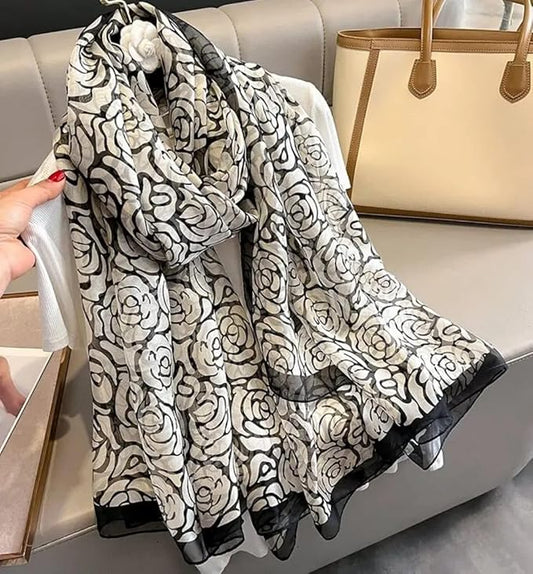 Elegant Floral Print Chiffon Scarf – Black & White