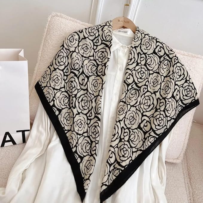 Elegant Floral Print Chiffon Scarf – Black & White