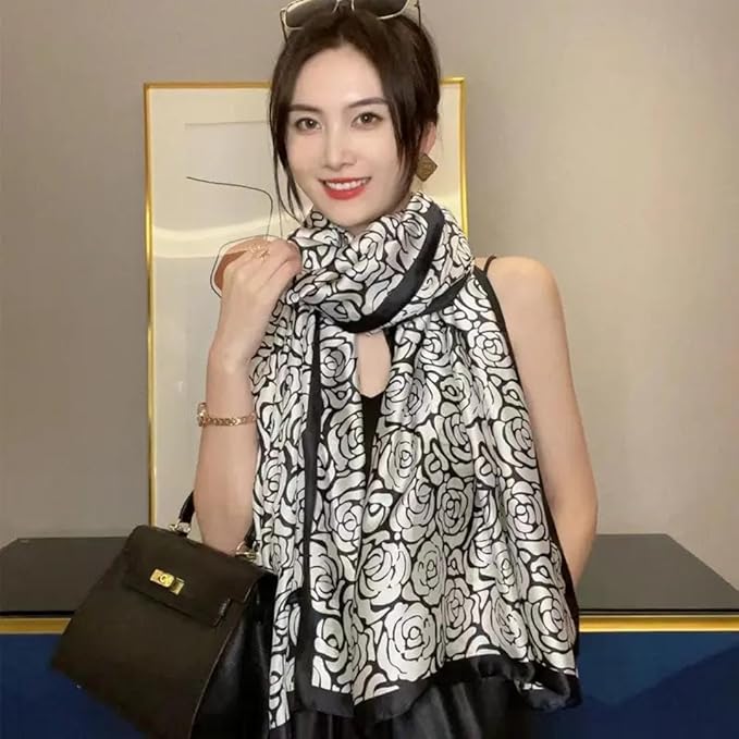 Elegant Floral Print Chiffon Scarf – Black & White