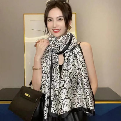 Elegant Floral Print Chiffon Scarf – Black & White