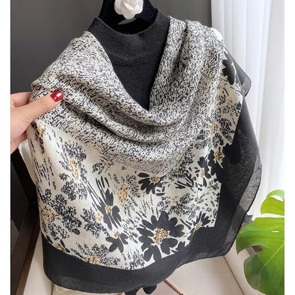 Classic Abstract Floral Satin Scarf – Black & White