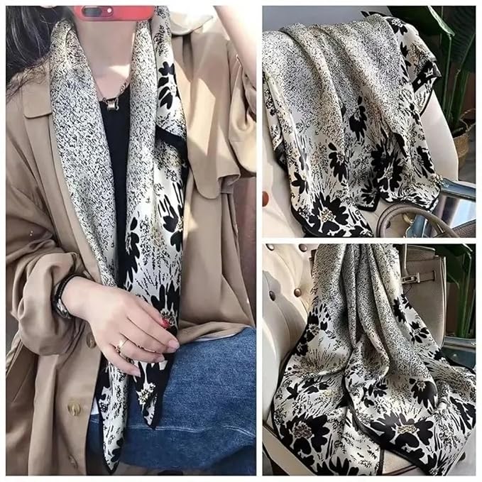 Classic Abstract Floral Satin Scarf – Black & White