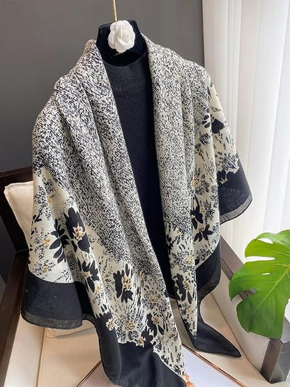 Classic Abstract Floral Satin Scarf – Black & White