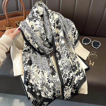 Classic Abstract Floral Satin Scarf – Black & White