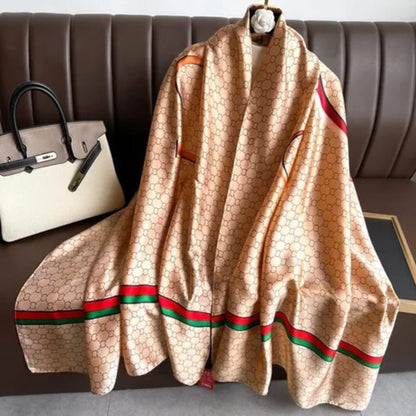 Luxury Satin Stole with Beige Print & Red-Green Border