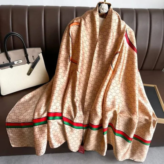 Luxury Satin Stole with Beige Print & Red-Green Border
