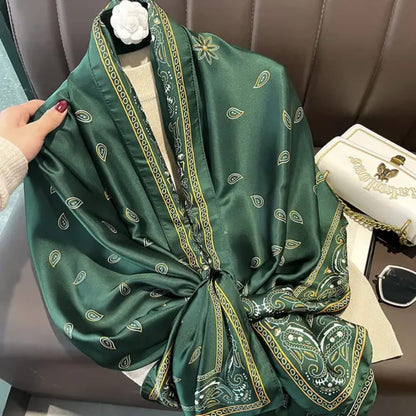 Elegant Green Paisley Silk Satin Scarf