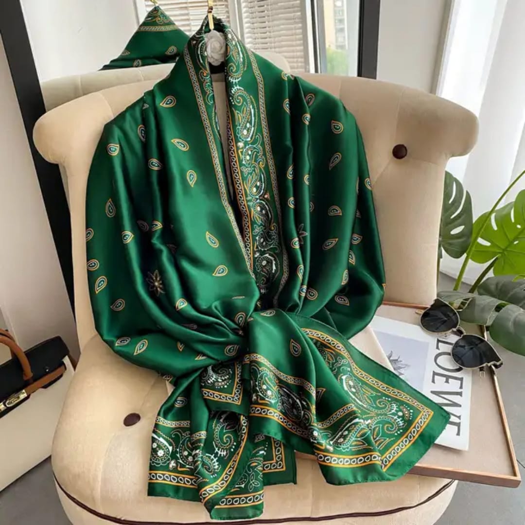 Elegant Green Paisley Silk Satin Scarf