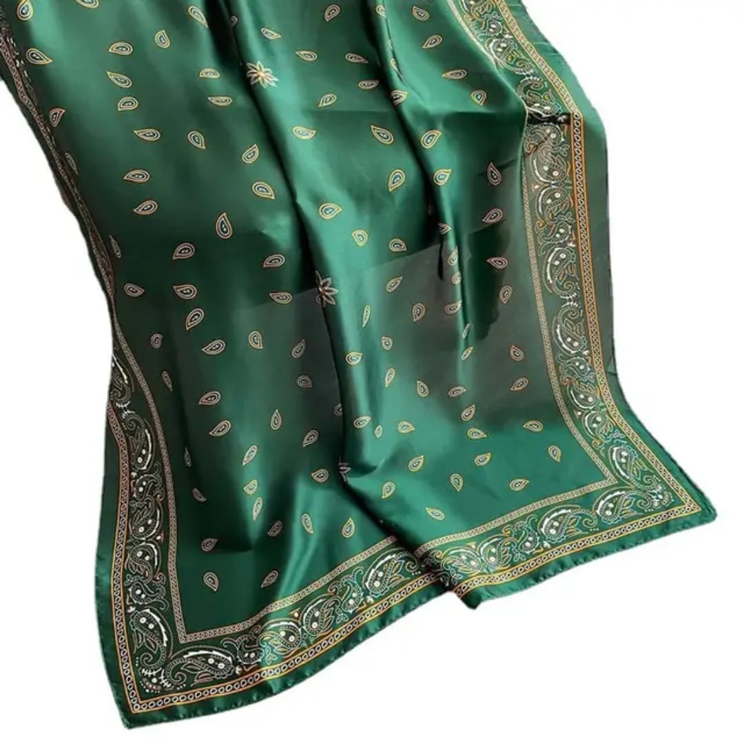 Elegant Green Paisley Silk Satin Scarf